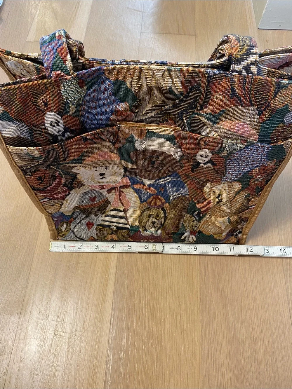 Vintage 90s Tapestry Teddy Bear Tote Bag Grandmacore Cottage Woven Purse